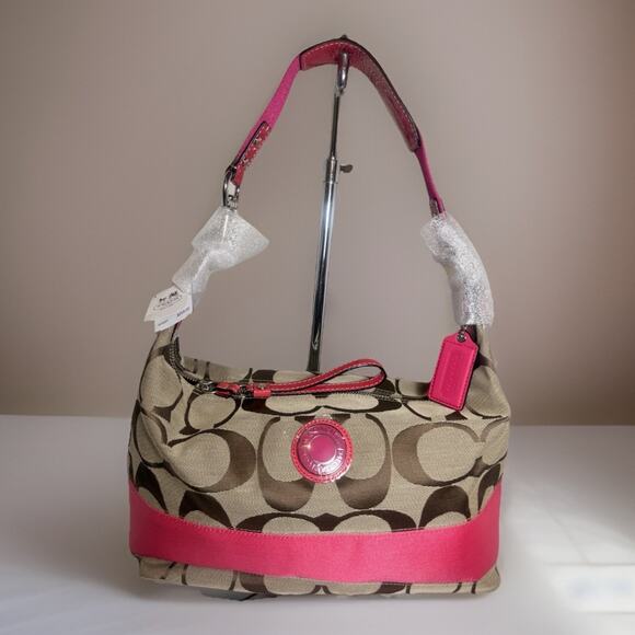 NWT Coach Signature Stripe Hobo 23769E & Wallet F48774 Set SV/Khaki Punch Pink - Picture 6 of 16